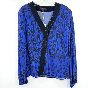 Ted Baker Shanni Topaz Eyelet Detail Top Size 2 US Small Blue Black Long Sleeve